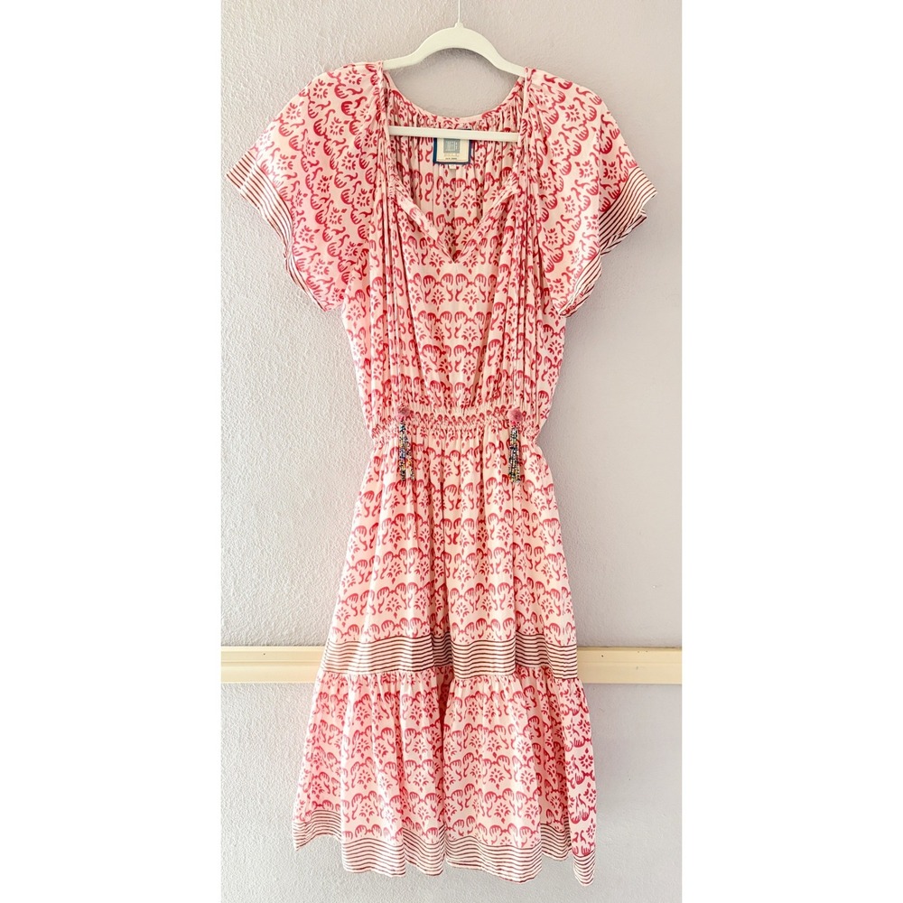 Bell by Alicia Bell Pink Block Print Silk Cotton Midi Dress Pom Pom Tassel M